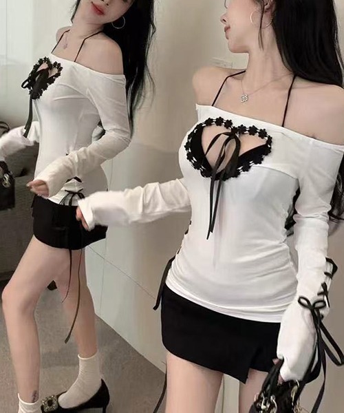gossip!ロサンゼルス(ゴシップロサンゼルス)の「Y2K 体型カバー リボン オフショルダー シャツ(シャツ/ブラウス・レディース・ホワイト・FREE)」の2枚目の写真