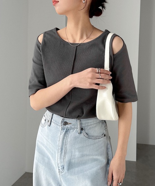 テレコリブ肩スリット半袖トップス（Tシャツ/カットソー）｜andme