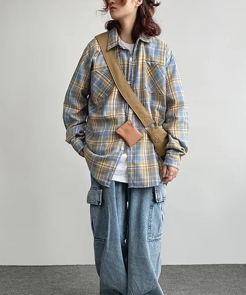 WARAIJOGO(ワライジョウゴ)の「【WARAIJOGO】ルーズシルエットネルチェック長袖シャツ/ネルシャツ004(NEZ)(シャツ/ブラウス・メンズ・イエロー/レッド/ブルー・FREE)」の22枚目の写真
