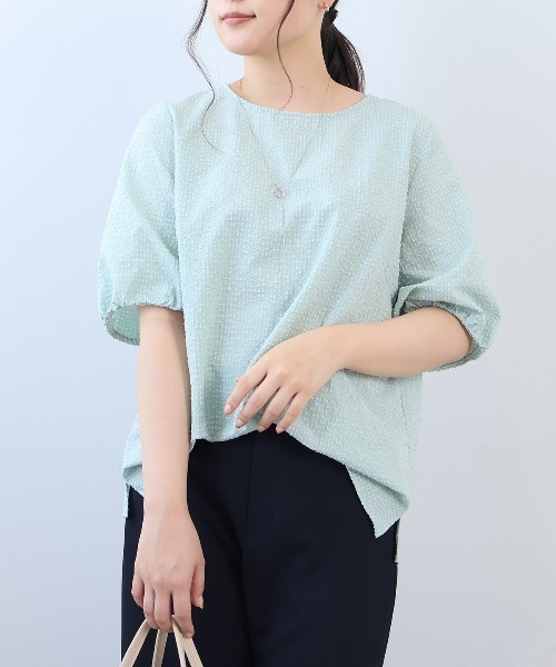 【fleur】【Ｌ〜５Ｌ】ドライサッカーギャザースリーブブラウス セール】【L～5L 大きいサイズ】ドライサッカーギャザースリーブ