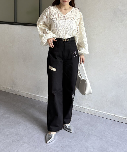Thevon(ゼボン)の「ペイント刺繍ワイドパンツ(その他パンツ・レディース・アイボリー/ブラック・M/S)」の7枚目の写真