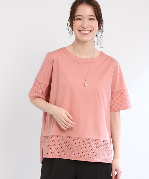 Reflect(リフレクト)の「【夏SALE/E‐QUALITY/手洗い可】コットンレースドッキングTシャツ(Tシャツ/カットソー・レディース・ライトオレンジ系/ブラック/オフホワイト・11/09)」の1枚目の写真