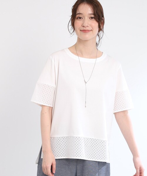 Reflect(リフレクト)の「【夏SALE/E‐QUALITY/手洗い可】コットンレースドッキングTシャツ(Tシャツ/カットソー・レディース・ライトオレンジ系/ブラック/オフホワイト・11/09)」の2枚目の写真
