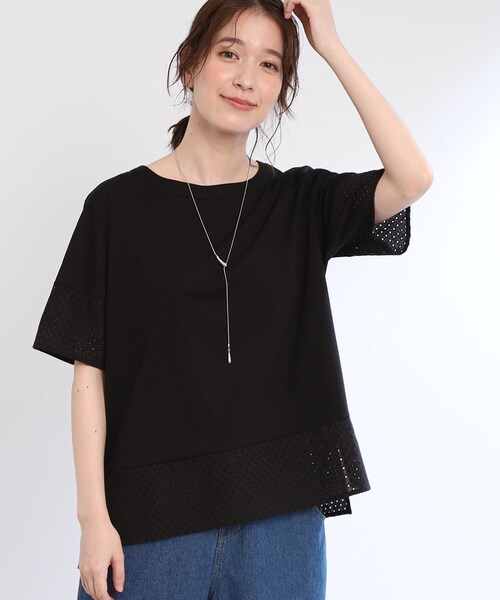 Reflect(リフレクト)の「【夏SALE/E‐QUALITY/手洗い可】コットンレースドッキングTシャツ(Tシャツ/カットソー・レディース・ライトオレンジ系/ブラック/オフホワイト・11/09)」の3枚目の写真