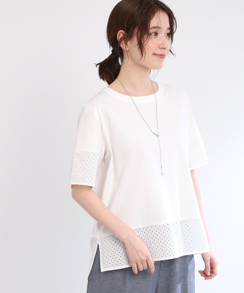 Reflect(リフレクト)の「【夏SALE/E‐QUALITY/手洗い可】コットンレースドッキングTシャツ(Tシャツ/カットソー・レディース・ライトオレンジ系/ブラック/オフホワイト・11/09)」の4枚目の写真