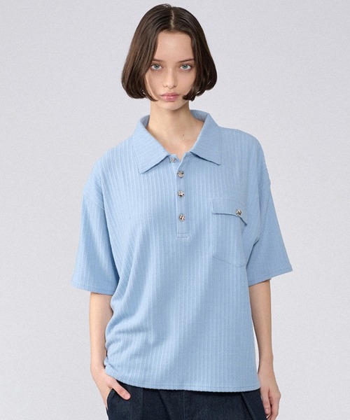 SILVER BUTTON RIB-CUT POLO SHIRT / シルバーボタンリブカット