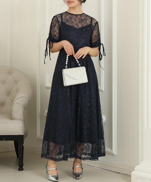 Lace Ladies（レースレディース）の「【2点セット】2way バックコンシャス レース 袖リボン レイヤード ドレス（ドレス・レディース・ネイビー/ミント/チャコールグレー/ブラック・FREE/S）」の4枚目の写真