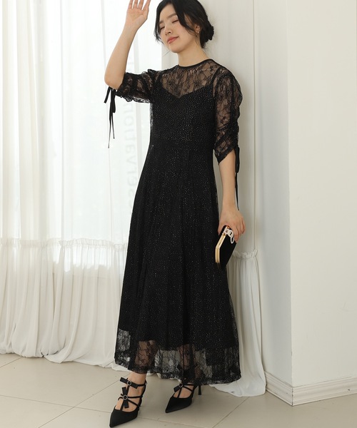 Lace Ladies（レースレディース）の「【2点セット】2way バックコンシャス レース 袖リボン レイヤード ドレス（ドレス・レディース・ネイビー/ミント/チャコールグレー/ブラック・FREE/S）」の5枚目の写真