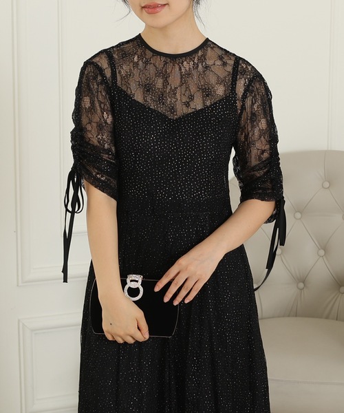 Lace Ladies（レースレディース）の「【2点セット】2way バックコンシャス レース 袖リボン レイヤード ドレス（ドレス・レディース・ネイビー/ミント/チャコールグレー/ブラック・FREE/S）」の7枚目の写真