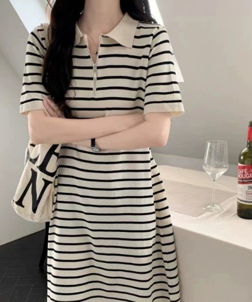 WEGO（ウィゴー）の「WEGO/ポロ襟ボーダー半袖ニット膝丈ロングワンピース（ワンピース・レディース・ブラック/アイボリー・FREE）」の8枚目の写真