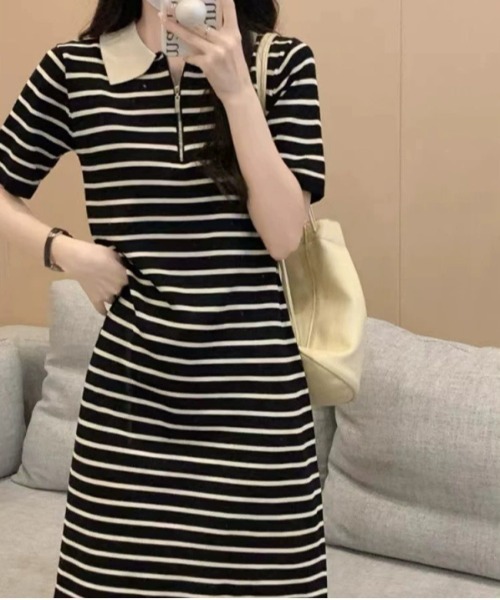 WEGO（ウィゴー）の「WEGO/ポロ襟ボーダー半袖ニット膝丈ロングワンピース（ワンピース・レディース・ブラック/アイボリー・FREE）」の3枚目の写真