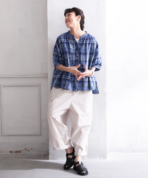 soulberry(ソウルベリー)の「みず玉とチェックのブラウス(シャツ/ブラウス・レディース・ブルー・5L/4L/3L/LL/L/M)」の4枚目の写真