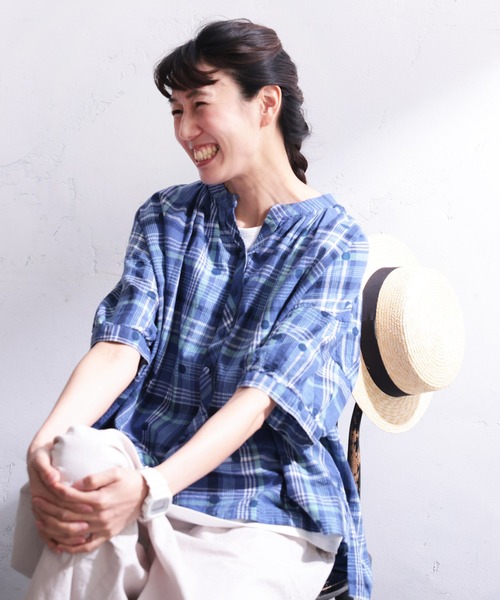 soulberry(ソウルベリー)の「みず玉とチェックのブラウス(シャツ/ブラウス・レディース・ブルー・5L/4L/3L/LL/L/M)」の10枚目の写真