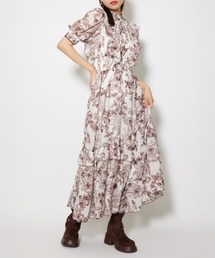 フロントロングフリルマルチパターンワンピース 秋服