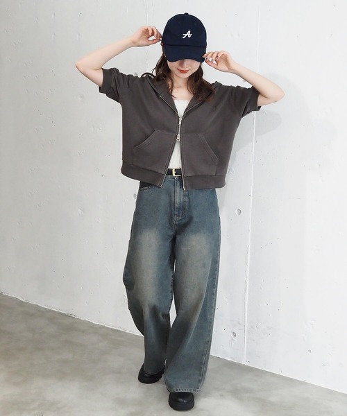 セール】ヴィンテージ加工ダブルジップ半袖パーカー（パーカー