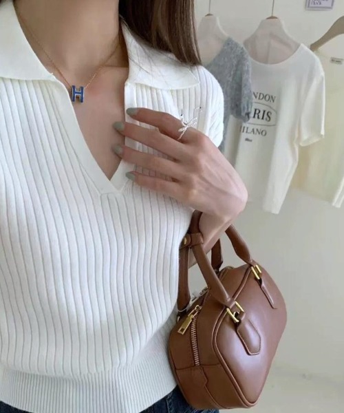 maison de LATIR(メゾンドラティール)の「リラクシーな夏服リブ半袖ポロサマーニット(Tシャツ/カットソー・レディース・ベージュ/ホワイト/ワイン/ブラック・FREE)」の1枚目の写真