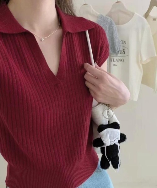 maison de LATIR(メゾンドラティール)の「リラクシーな夏服リブ半袖ポロサマーニット(Tシャツ/カットソー・レディース・ベージュ/ホワイト/ワイン/ブラック・FREE)」の4枚目の写真