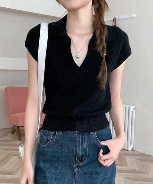 maison de LATIR(メゾンドラティール)の「リラクシーな夏服リブ半袖ポロサマーニット(Tシャツ/カットソー・レディース・ベージュ/ホワイト/ワイン/ブラック・FREE)」の5枚目の写真