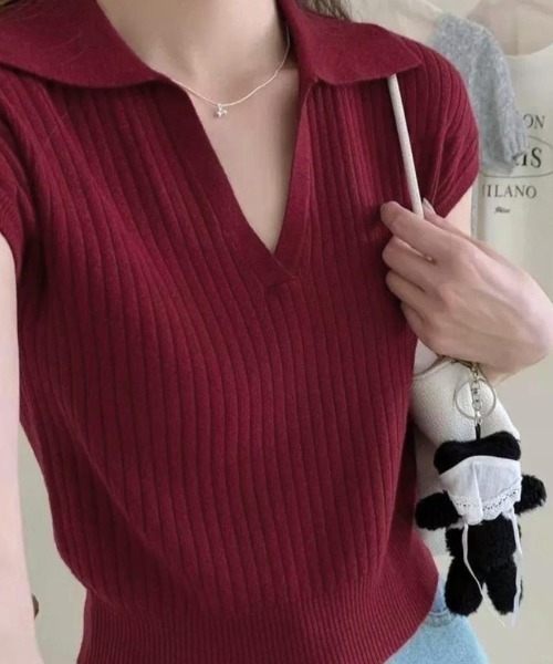 maison de LATIR(メゾンドラティール)の「リラクシーな夏服リブ半袖ポロサマーニット(Tシャツ/カットソー・レディース・ベージュ/ホワイト/ワイン/ブラック・FREE)」の7枚目の写真