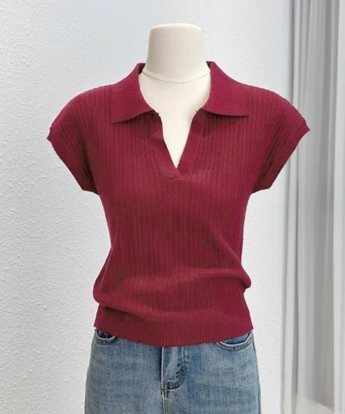maison de LATIR(メゾンドラティール)の「リラクシーな夏服リブ半袖ポロサマーニット(Tシャツ/カットソー・レディース・ベージュ/ホワイト/ワイン/ブラック・FREE)」の8枚目の写真