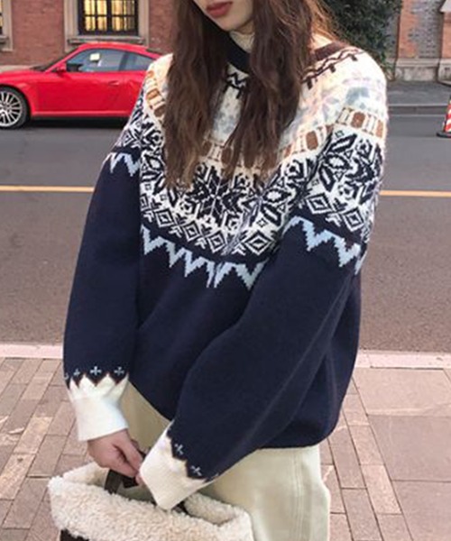 Lace Ladies(レースレディース)の「クルーネック ノルディック柄 長袖 ニット プルオーバー(ニット/セーター・レディース・レッド/ネイビー・FREE)」の2枚目の写真