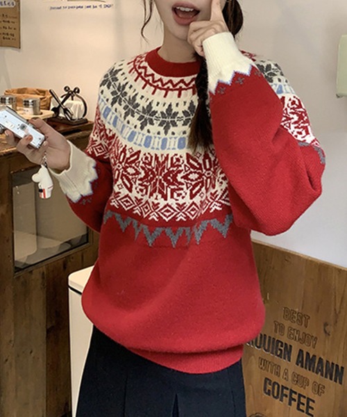 セール】クルーネック ノルディック柄 長袖 ニット プルオーバー