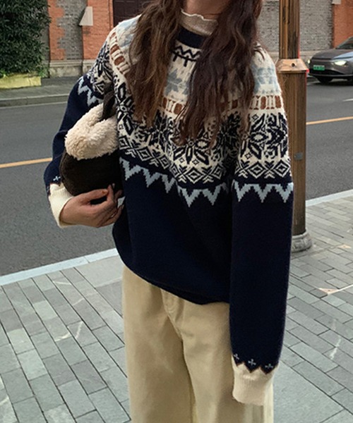 Lace Ladies(レースレディース)の「クルーネック ノルディック柄 長袖 ニット プルオーバー(ニット/セーター・レディース・レッド/ネイビー・FREE)」の4枚目の写真