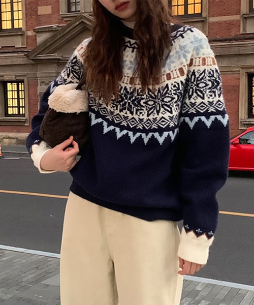Lace Ladies(レースレディース)の「クルーネック ノルディック柄 長袖 ニット プルオーバー(ニット/セーター・レディース・レッド/ネイビー・FREE)」の5枚目の写真