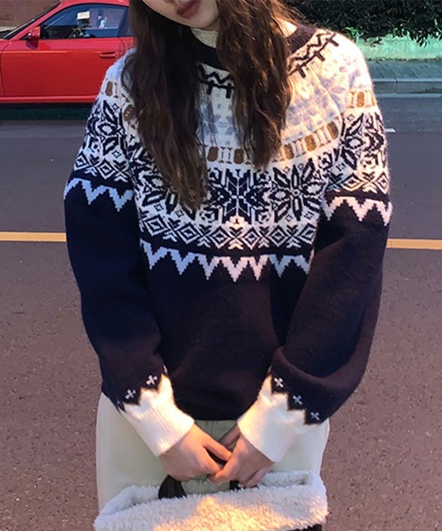Lace Ladies(レースレディース)の「クルーネック ノルディック柄 長袖 ニット プルオーバー(ニット/セーター・レディース・レッド/ネイビー・FREE)」の6枚目の写真