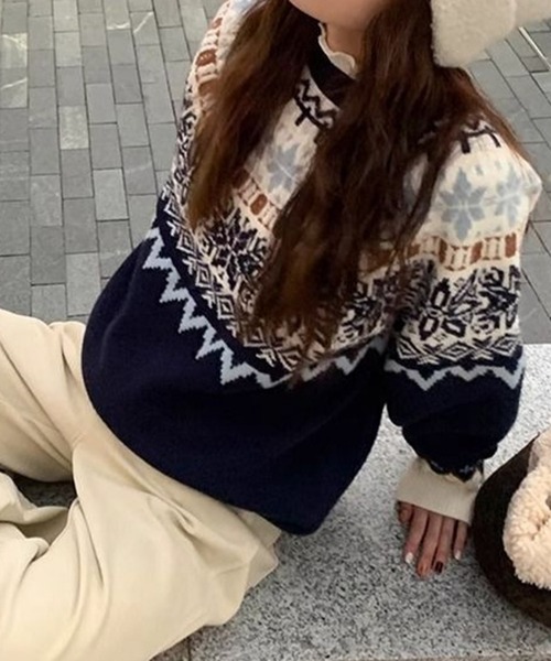 Lace Ladies(レースレディース)の「クルーネック ノルディック柄 長袖 ニット プルオーバー(ニット/セーター・レディース・レッド/ネイビー・FREE)」の7枚目の写真