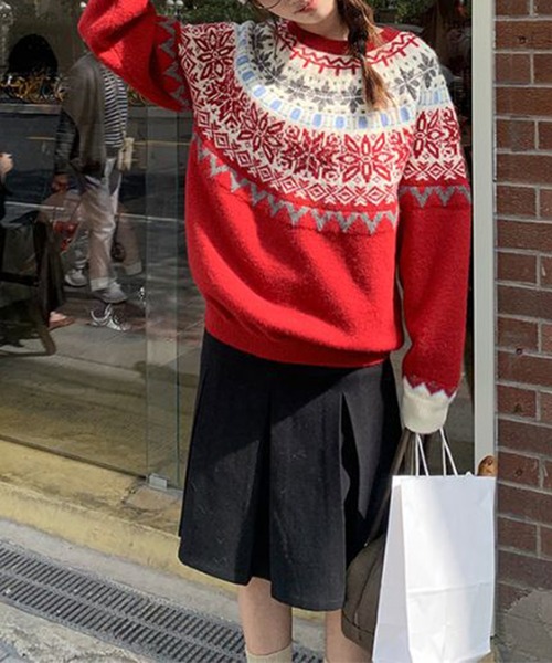 Lace Ladies(レースレディース)の「クルーネック ノルディック柄 長袖 ニット プルオーバー(ニット/セーター・レディース・レッド/ネイビー・FREE)」の9枚目の写真