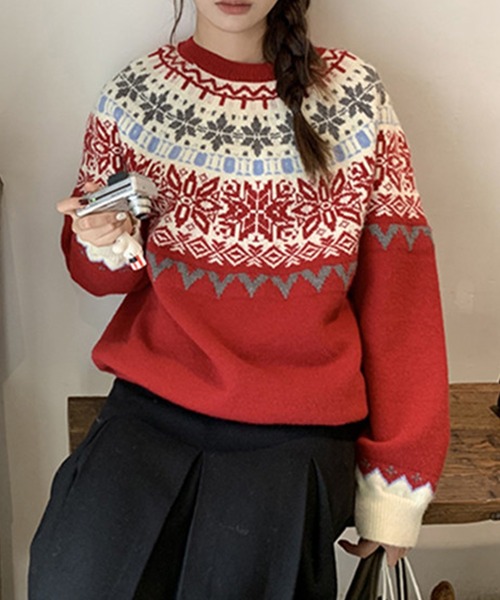 Lace Ladies(レースレディース)の「クルーネック ノルディック柄 長袖 ニット プルオーバー(ニット/セーター・レディース・レッド/ネイビー・FREE)」の10枚目の写真