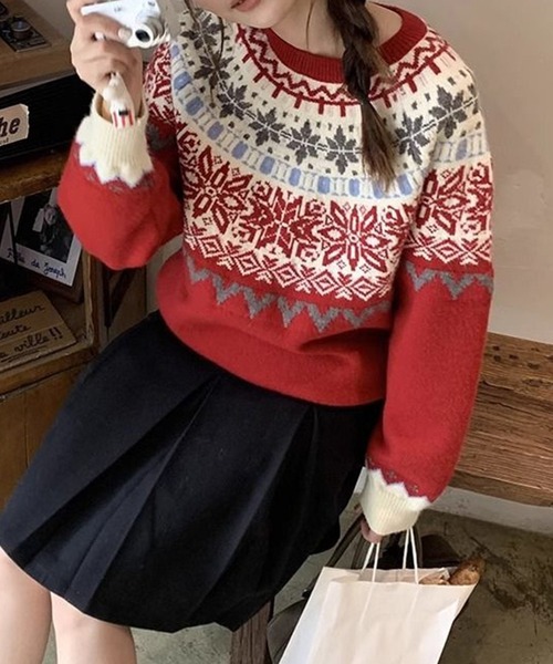 Lace Ladies(レースレディース)の「クルーネック ノルディック柄 長袖 ニット プルオーバー(ニット/セーター・レディース・レッド/ネイビー・FREE)」の11枚目の写真