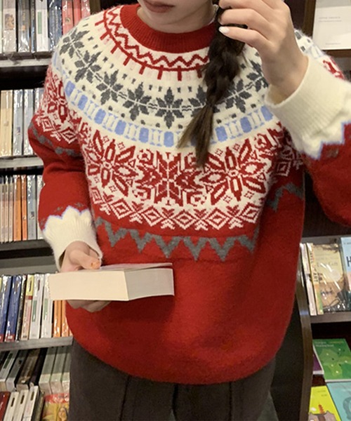 Lace Ladies(レースレディース)の「クルーネック ノルディック柄 長袖 ニット プルオーバー(ニット/セーター・レディース・レッド/ネイビー・FREE)」の12枚目の写真