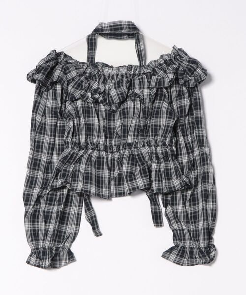Lace Ladies(レースレディース)の「チェック柄 オフショルダー コンパクト フリル トップス(シャツ/ブラウス・レディース・ブラック/ブラウン・FREE)」の3枚目の写真