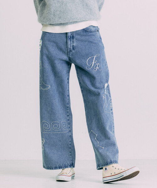 Freada（フリーダ）の「Freada/フリーダ チェーンステッチ ワイドデニム（デニムパンツ・レディース・ブラック/ブルー・ONE SIZE）」の2枚目の写真