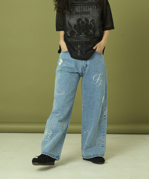 Freada（フリーダ）の「Freada/フリーダ チェーンステッチ ワイドデニム（デニムパンツ・レディース・ブラック/ブルー・ONE SIZE）」の6枚目の写真