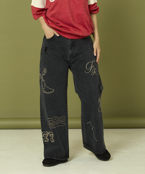 Freada（フリーダ）の「Freada/フリーダ チェーンステッチ ワイドデニム（デニムパンツ・レディース・ブラック/ブルー・ONE SIZE）」の12枚目の写真