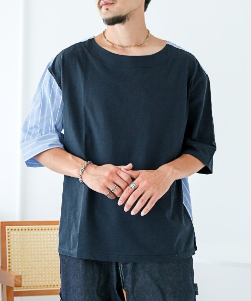LUXSTYLE(ラグスタイル)の「2way無地×ストライプ切替半袖Tシャツ(Tシャツ/カットソー・メンズ・ブルー/ブラック・L/M)」の1枚目の写真