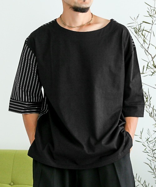 LUXSTYLE(ラグスタイル)の「2way無地×ストライプ切替半袖Tシャツ(Tシャツ/カットソー・メンズ・ブルー/ブラック・L/M)」の2枚目の写真