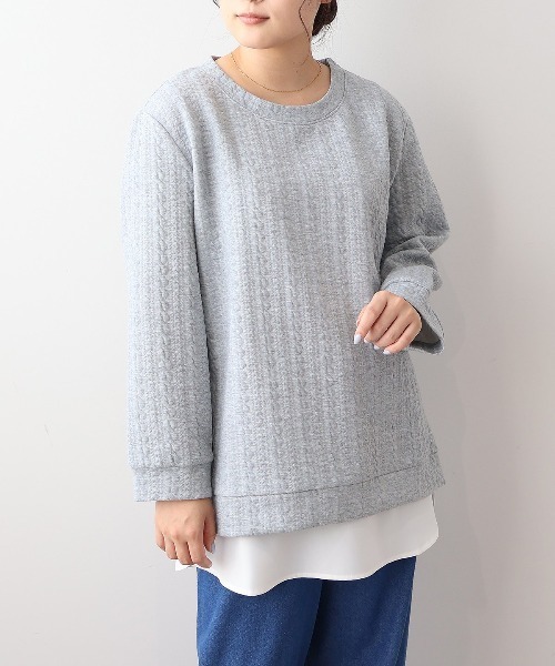 MB mint breeze(エムビーミントブリーズ)の「【L~5L 大きいサイズ】ケーブルふくれジャガードサイドZIPカットソー(Tシャツ/カットソー・レディース・グリーン/グレー/ブラック・5L/4L/3L/LL)」の1枚目の写真