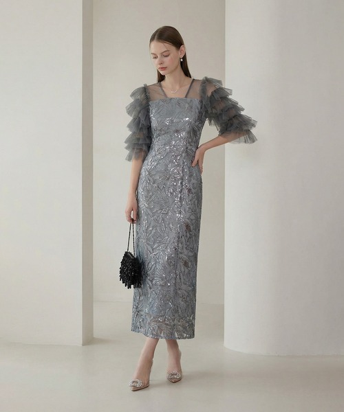 セール】【LEJA】チュールフリルスリーブスパンコールIライン