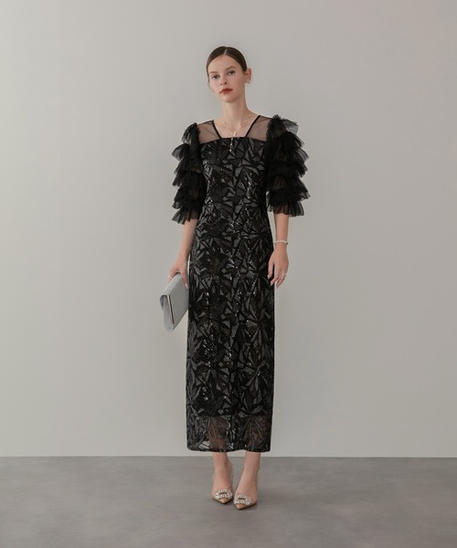 セール】【LEJA】チュールフリルスリーブスパンコールIライン