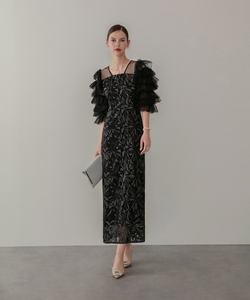 セール】【LEJA】チュールフリルスリーブスパンコールIライン