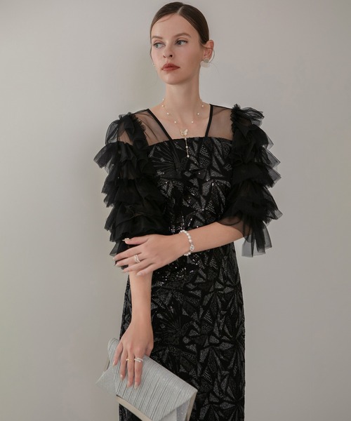 LEJA ブラック フリル袖 パーティードレス Leja（レジャ） ドレス 「LEJA」チュールフリルショルダーシアーI