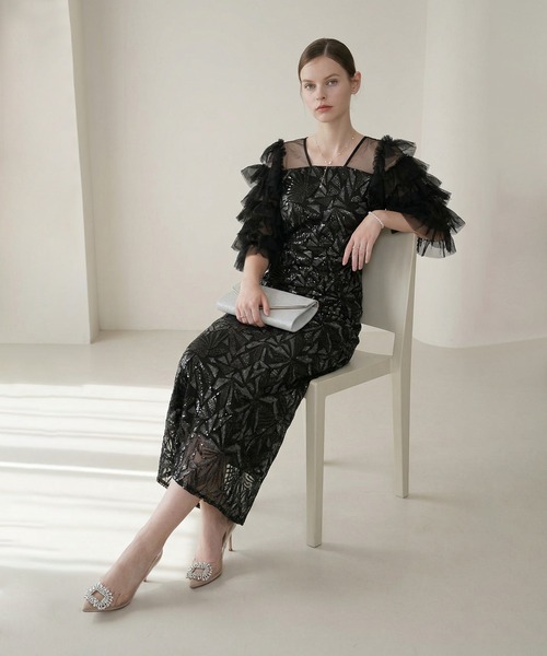 チュールフリルスリーブスパンコールIラインワンピースドレス結婚式パーティー成人式 当日発送】チュールフリルスリーブスパンコールIラインワンピースドレス