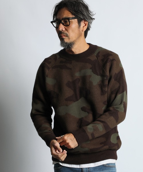 DOUBLE JACQUARD WOODLAND CAMO CREW KNIT：迷彩柄 カモフラージュ
