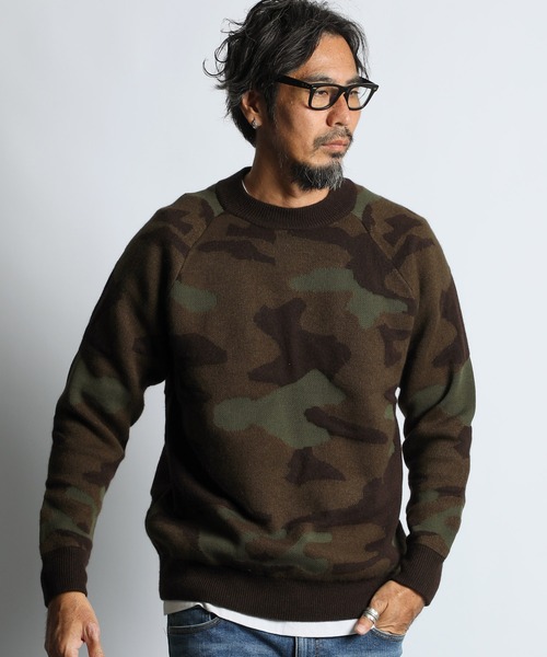 DOUBLE JACQUARD WOODLAND CAMO CREW KNIT：迷彩柄 カモフラージュ