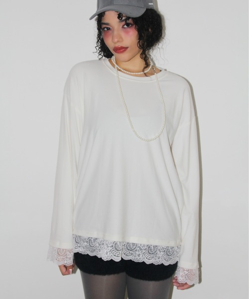 IMARI（イマリ）の「【 IMARI / イマリ 】 裾レース ロングスリーブ トップス（Tシャツ/カットソー・レディース・ホワイト/ブラック・FREE）」の2枚目の写真