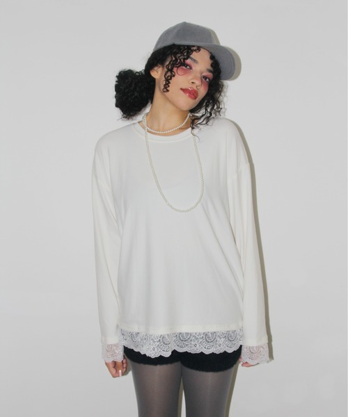 IMARI（イマリ）の「【 IMARI / イマリ 】 裾レース ロングスリーブ トップス（Tシャツ/カットソー・レディース・ホワイト/ブラック・FREE）」の4枚目の写真